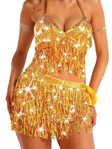 Zoestar Sequin Belly Dance Outfits Sparkly Rave Costume Skirts Tassel Sequin Bra Top Skirt for Women Gold