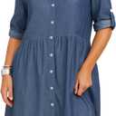SUNNOW Women's Denim Button Front Mini Shirtdress Vintage Style Relaxed Fit Long Sleeve Dress