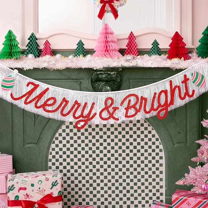 Xo, Fetti Merry and Bright Fringe Banner Red Glitter and White Iridescent, 5 Ft. | Christmas Party Decoration, Holiday Xmas Sign, Winter Photoshoot Backdrop