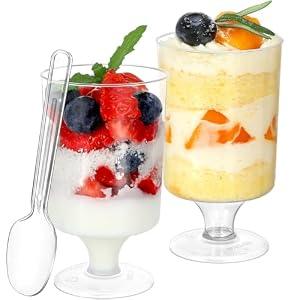 HawHawToys 60 Pack 3 Oz Mini Dessert Cups Disposable Appetizer Cup Goblet,Pedestal Clear Plastic Wine Glasses Parfait Appetizer Cups Serving Bowls for Tasting Party, Wedding, Birthday
