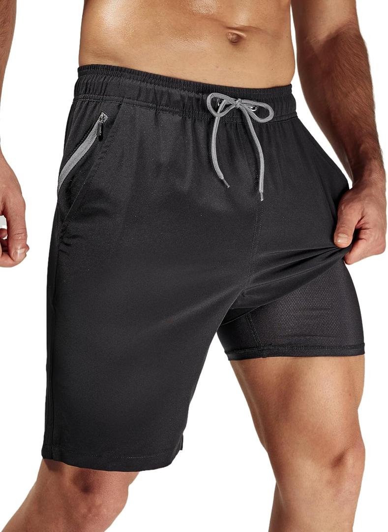 Arcweg Men's Swim Trunks with Compression Liner and Zipper Pockets Quick Dry Bathing Suit Board Swimming Shorts (Large, Black)