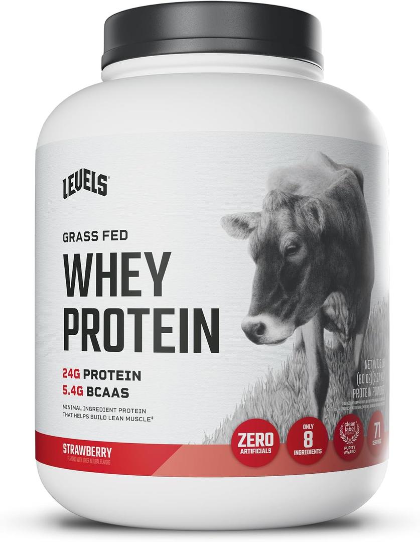 Levels Grass Fed Whey Protein Powder, No Artificials, 24G of Protein, Strawberry, 5LB | 24G of protein and 5.4G BCAAs per scoop, made with hormone-free dairy, zero junk, no fillers, no added sugar, certified clean (EXP 02/24/28)