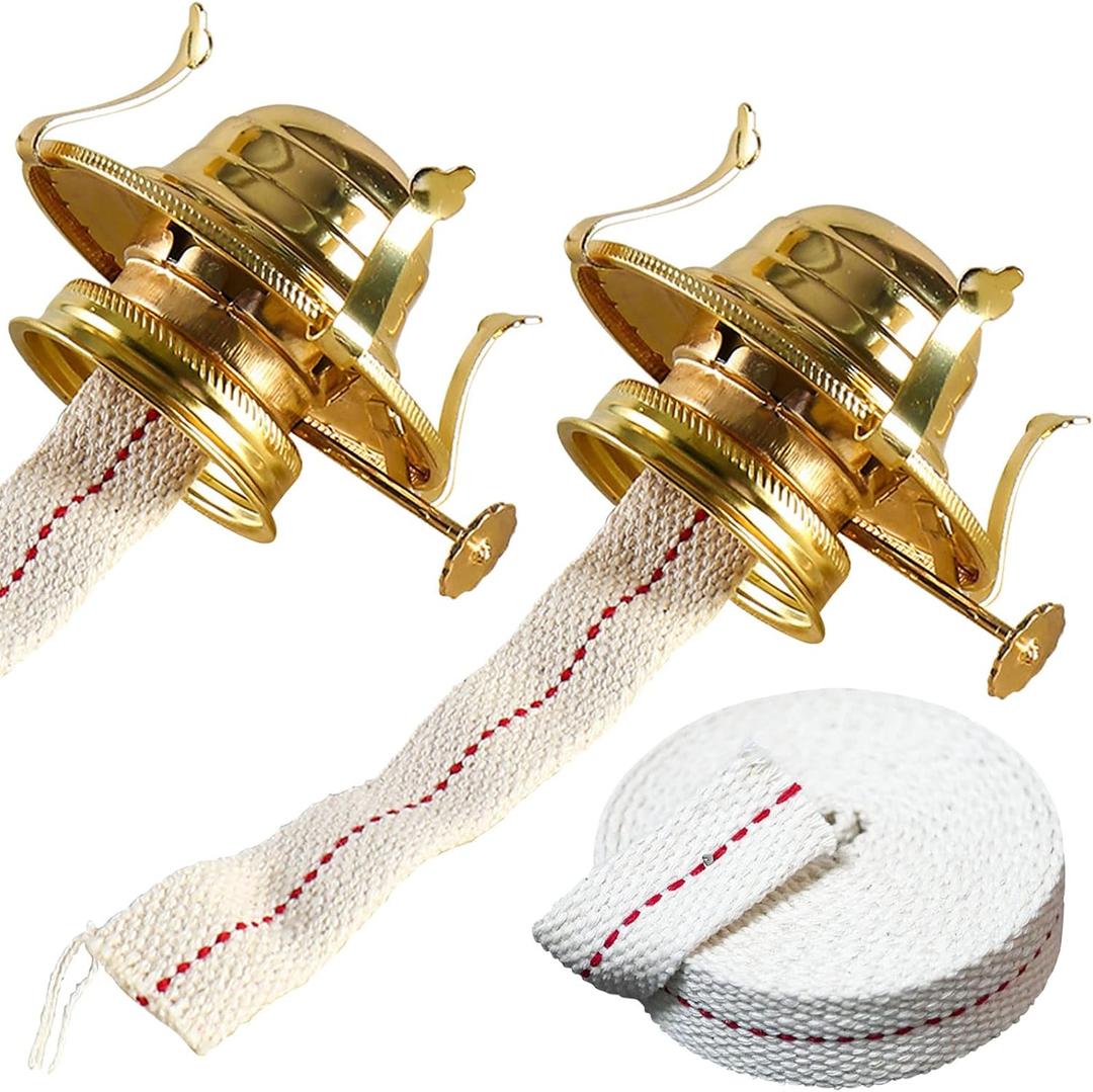 Oil Lamp Burner 2 Set, with Reduction Collar and Cotton Wick & 39 inch Wick, Replacement Parts for Kerosene or Vintage Lamps - Brass