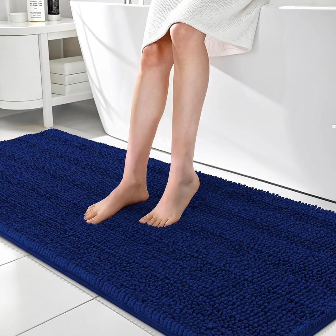 OLANLY Thick Bathroom Rugs 70x24, Extra Soft Absorbent Chenille Striped Bath Rugs, Rubber Backing, Machine Wash Dry, Bath Mats for Bathroom Floor, Tub and Shower, Home Decor Accessories, Navy