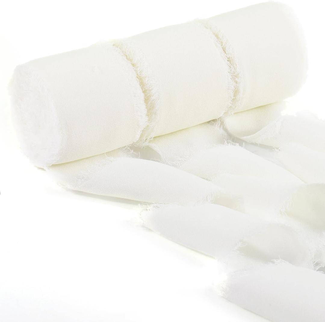 GLAMFIELDS Chiffon Ribbon Fringe Fabric Set 1.5" x 21Yd for Bouquets Wrapping, Wedding Invitations, Decorations, Gifts Wrapping & Bow Making, 3 Rolls Cream White