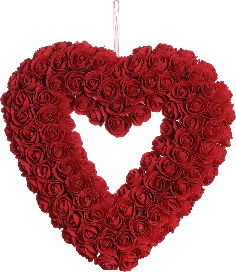 JINGHONG Valentine's Day Wreath 13 Inch Artificial Valentines Day Wreaths Romantic Heart Wreath for Valentines Gifts Anniversary Wedding Candlelight Dinner Decor(Red)
