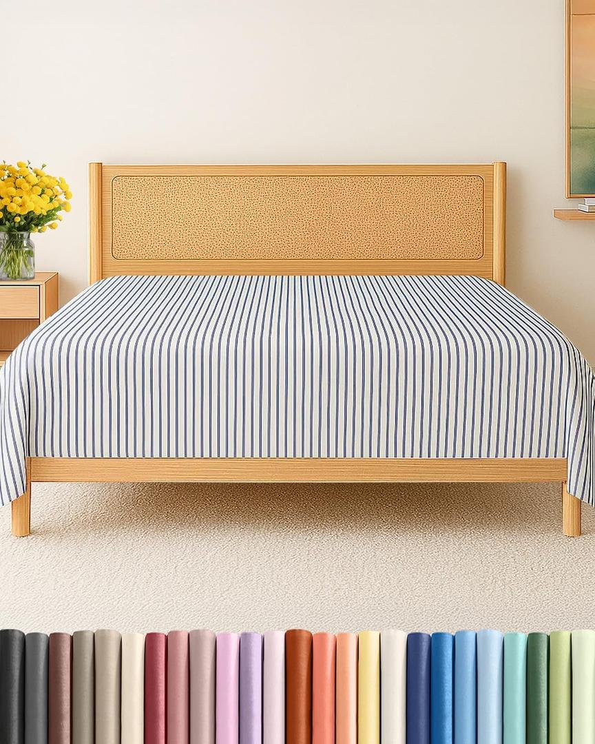 Queen Size Flat Sheet - Hotel Quality Top Flat Bed Sheet Only - Ultra-Soft, Comfy, Breathable & Cooling - Fade & Wrinkle Free - Easy-Care, Stain & Shrink Resistant Bedding - Oeko-Tex - Blue Stripes