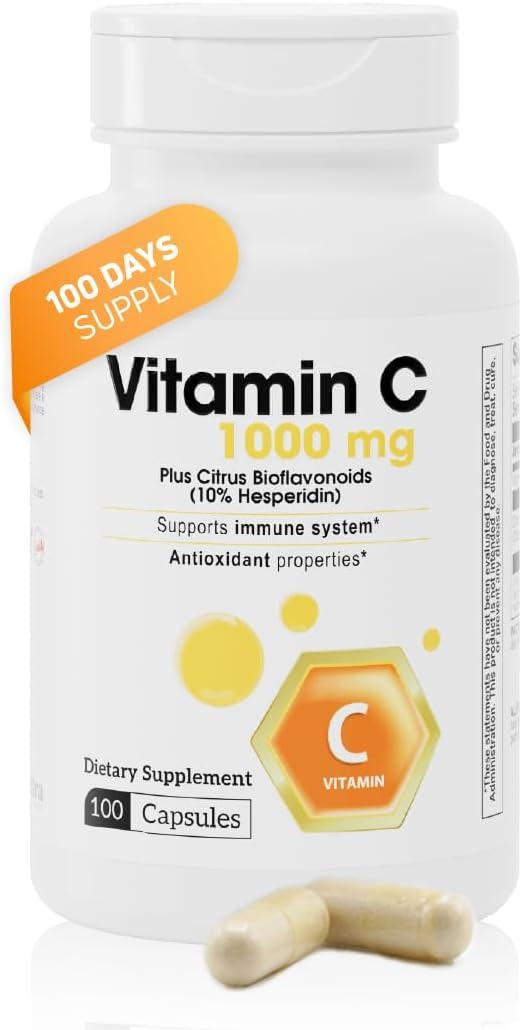 Nutra Vitamin C 1000 mg 100 Capsules Dosage with Citrus Flavonoids and 10% Hesperidin Daily Nutritional Intake Easy-to-Swallow Supplement