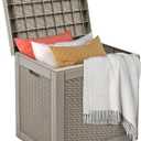 DWVO 32 Gallon Indoor Outdoor Storage Box, Resin Rattan Small Deck Box for Patio Furniture, Cushions, Garden Tools, Sports Equipment,Brown