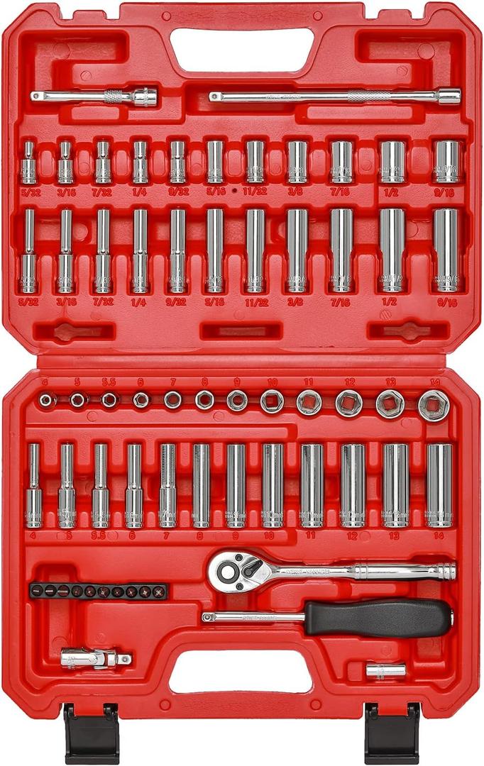 Mayouko 62 Pieces 1/4 Inch Drive Socket Set, SAE/Metric, 1/4" Dr. Socket Set with Ratchet and Adapters, 5/32-Inch - 9/16-Inch, 4mm - 14 mm