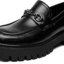 Mens Leather Platform Chunky Slip On Horsebit Loafers Classic Round Toe Non-Slip Lug Sole Business Casual Work Dress Shoes for Formal Party Wedding Office (Size 12, Black)