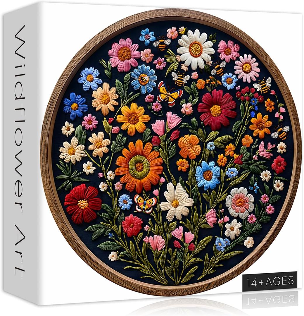Vintage Wildflower Puzzles for Adults 1000 Pieces, Round Butterfly Bee Plant Puzzle Nature Art, Circle Pretty Flower Garden Jigsaw Puzzle, Retro Aesthetic Floral Puzzle