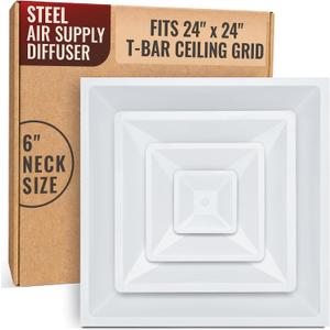 Fits 24x24 Steel T-Bar Drop Ceiling Grid | 2x2 Feet Lay in Steel Air Supply Diffuser with Round 6" [Neck Size] by Handua | 3 Cone | Drop Celing Vent | White | Outer Dimension: 23-3/4" x 23-3/4"