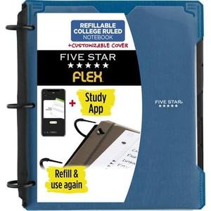 Five Star Flex Refillable Notebook + Study App, College Ruled Paper and 1 Inch TechLock Ring Binder with Customizable Cover, Pockets, Tabs and Dividers, 200 Sheet Capacity, Pacific Blue (29326AD2)