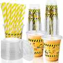 50 Pcs Construction Truck Plastic Cups with Lids and Straws,12 oz Construction Reusable Cups Disposable Cups for Party Drinking,Plastic Tumbler for Birthday Party Construction Theme Party