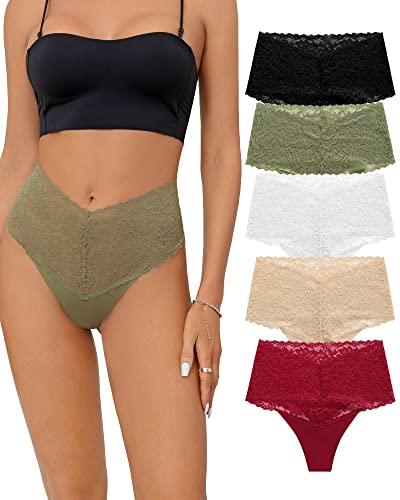 SHARICCA Women Seamless High Waist Underwear Sexy Floral Lace Thong Soft Comfortable Panties Pack, 5P01,S