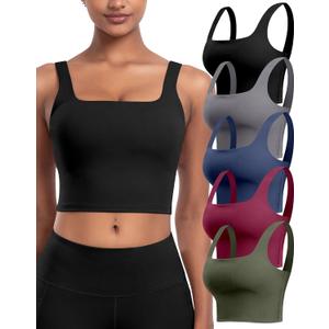 Womens Sports Bras 5 Packs - Square Neck Longline Workout Crop Tank Tops Padded Yoga Camisole with Built in Pads (Black), XXL