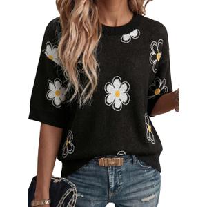 Dokotoo Women's Sweaters Casual Creweck Short Sleeve Cotton Kint Summer Pullover Sweater Tops (Medium, Z Black)