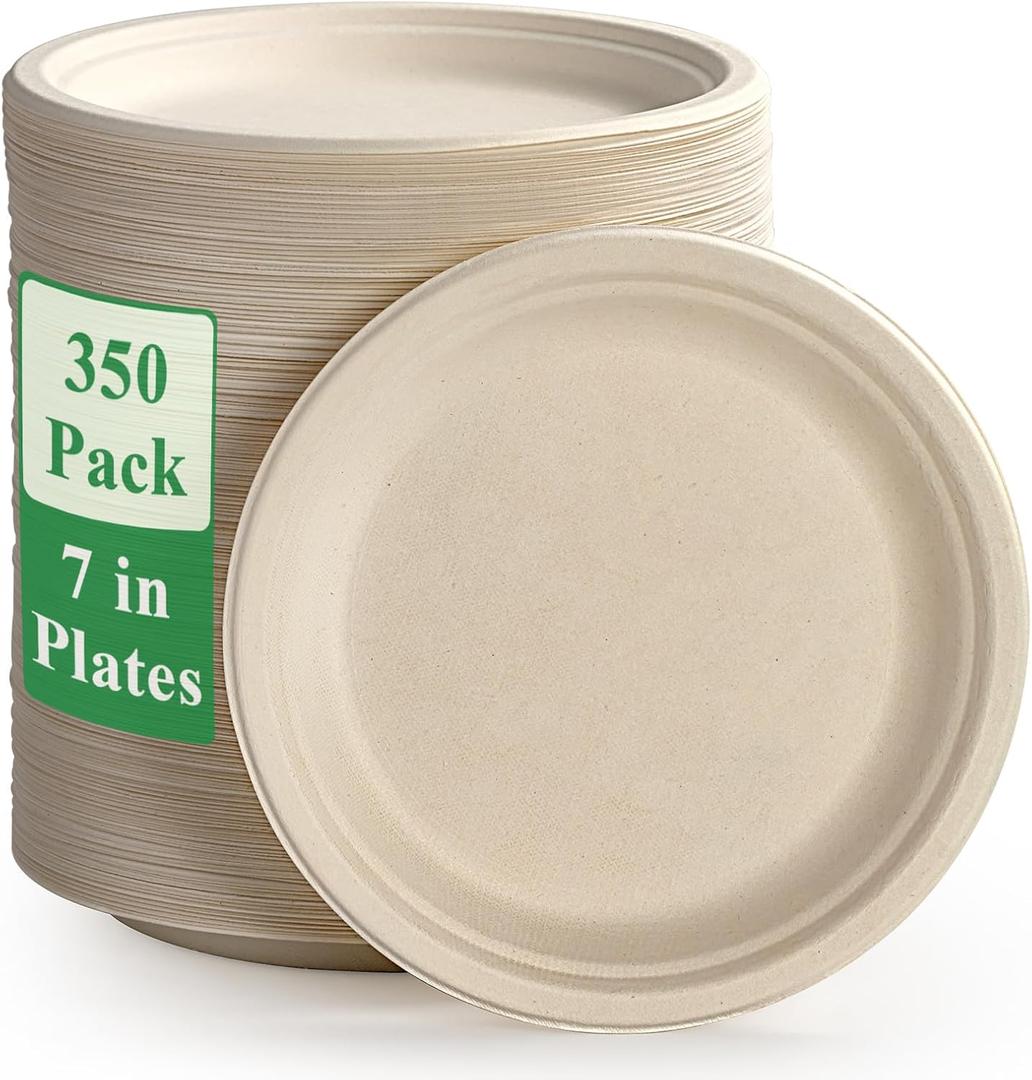 Vplus 350 Pack Paper Plates 7 inch 100% Compostable, Heavy-Duty Disposable Paper Plates Bagasse Natural Biodegradable Eco-Friendly Sugarcane (Nature)