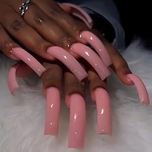 Curved Nail Tips Long Square Press on Nails Pink Nails False Nails with Solid Colour Designs Unique Stick on Nails Pink Glossy Glue on Nails for Women Girls 20Pcs