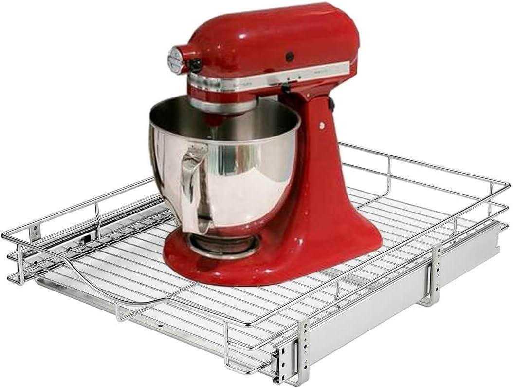 DINDON 1 Tier Pull Out Cabinet Organizer (17" W x 21" D) Heavy-Duty Metal Sliding Drawer Shelf, Slide Out Wire Basket for Kitchen Cabinets, Pantry, Bathroom, Chrome Finish