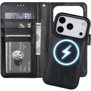 Bocasal for iPhone 17 Pro Wallet Case Compatible with MagSafe Wireless Charging, RFID Blocking Magnetic Leather Case with Card Slots Holder Kickstand Detachable Wrist Strap 6.3 Inch (Black)