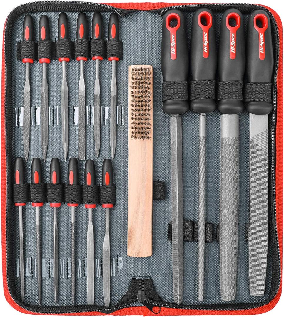 Hi-Spec 17 Piece Metal Hand & Needle File Tool Kit Set. Large & Small Mini T12 Carbon Steel Flat, Half-Round, Round & Triangle Files. Complete in a Zipper Case with a Brush (17 pieces)