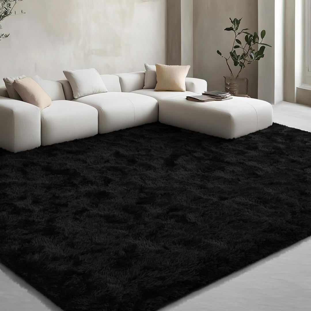 EVOIONOS 9x12 Washable Large Area Rug for Living Room, Fluffy Shag Rug for Bedroom, Ultra Soft Plush Non Slip Carpet for Indoor Floor Bedside Nursery Kids Girls Room Dorm, Home Decor Aesthetic, Black