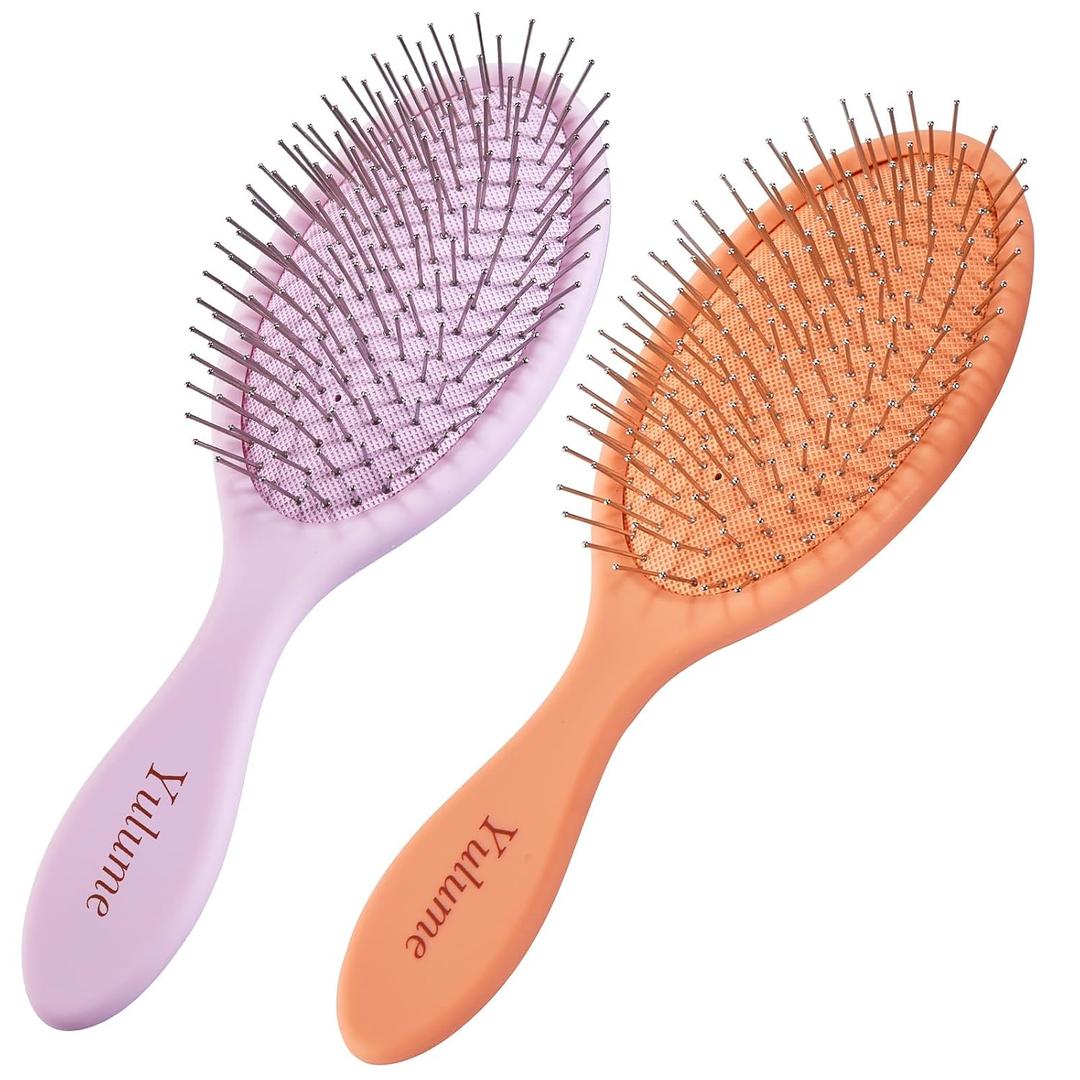 2-Pack Paddle Brush Set, Air Cushion Round-Tip Steel Pins for Scalp Massage, Pain-Free Detangling for Wet, Dry, Curly & Thick Hair, Anti-Static, Bonus Tail Comb & Clip, Pink & Orange