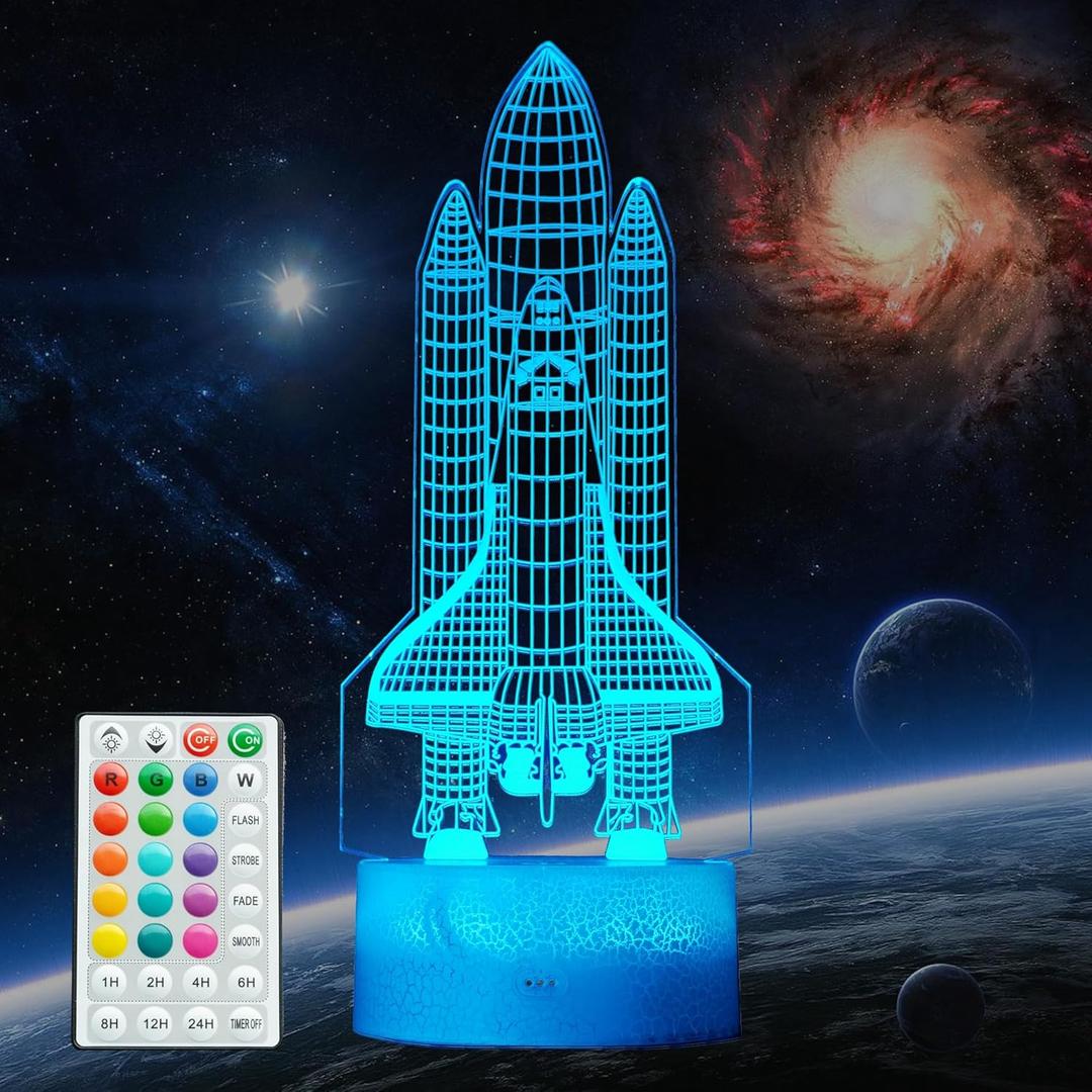 Space Shuttle Night Light, Space Shuttle Gifts, Rocket 3D Illusion Lamp with 16 Colors Changing, Timer, 4 Flash Modes and Dimmable, Kids Boys Girls Room Decoration, Holiday Xmas Spaceship Gifts