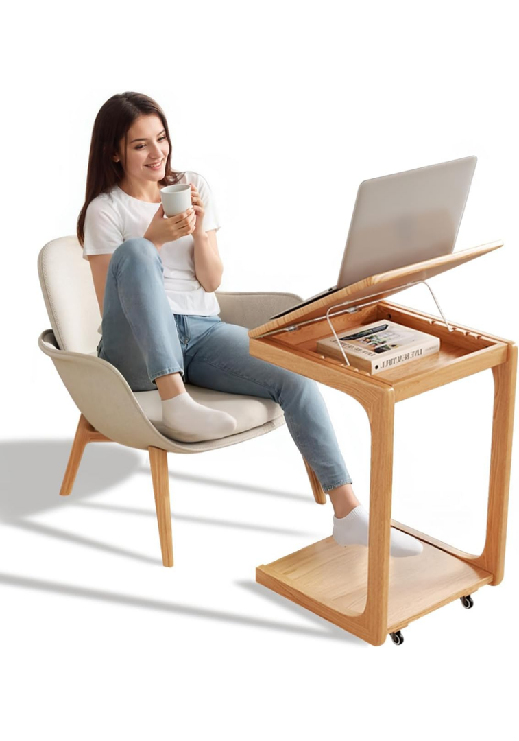 Wooden C-Shaped End Table,Couch Table with Adjustable Desktop,Small Rolling Side Table with 2 Lockable Wheels,Small End Table for Couch, Living Room,Bedroom (Natural)