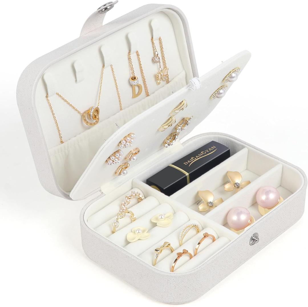 Travel Jewelry Box, Small Jewelry Organizer Boxes for Women Girls, 2 Layer Travel Jewlery Case, PU Leather Mini Portable Jewerly Storage Display Holder for Earrings, Ring, Necklaces, Bracelets - White