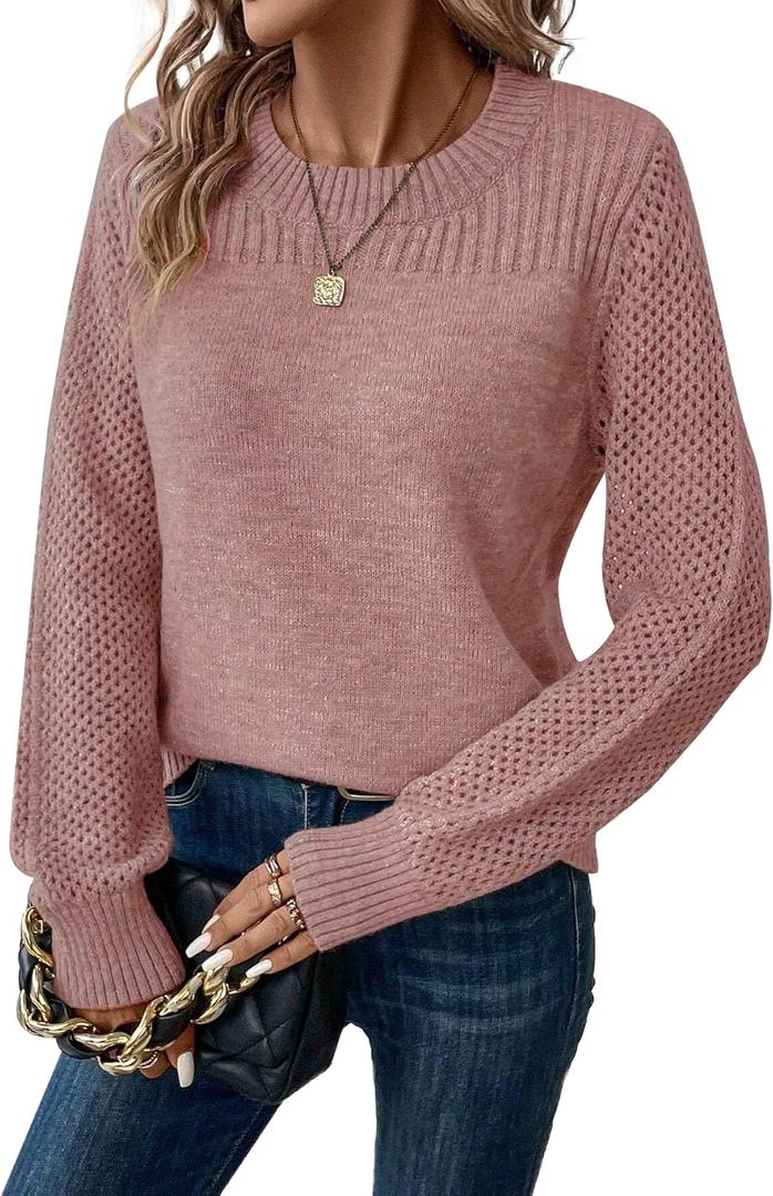 Womens Sweaters Casual Long Sleeve Crewneck Crochet Knit Pullover Sweater Tops 2025 Fall Fashion Trendy Outfits (Medium, Pink)
