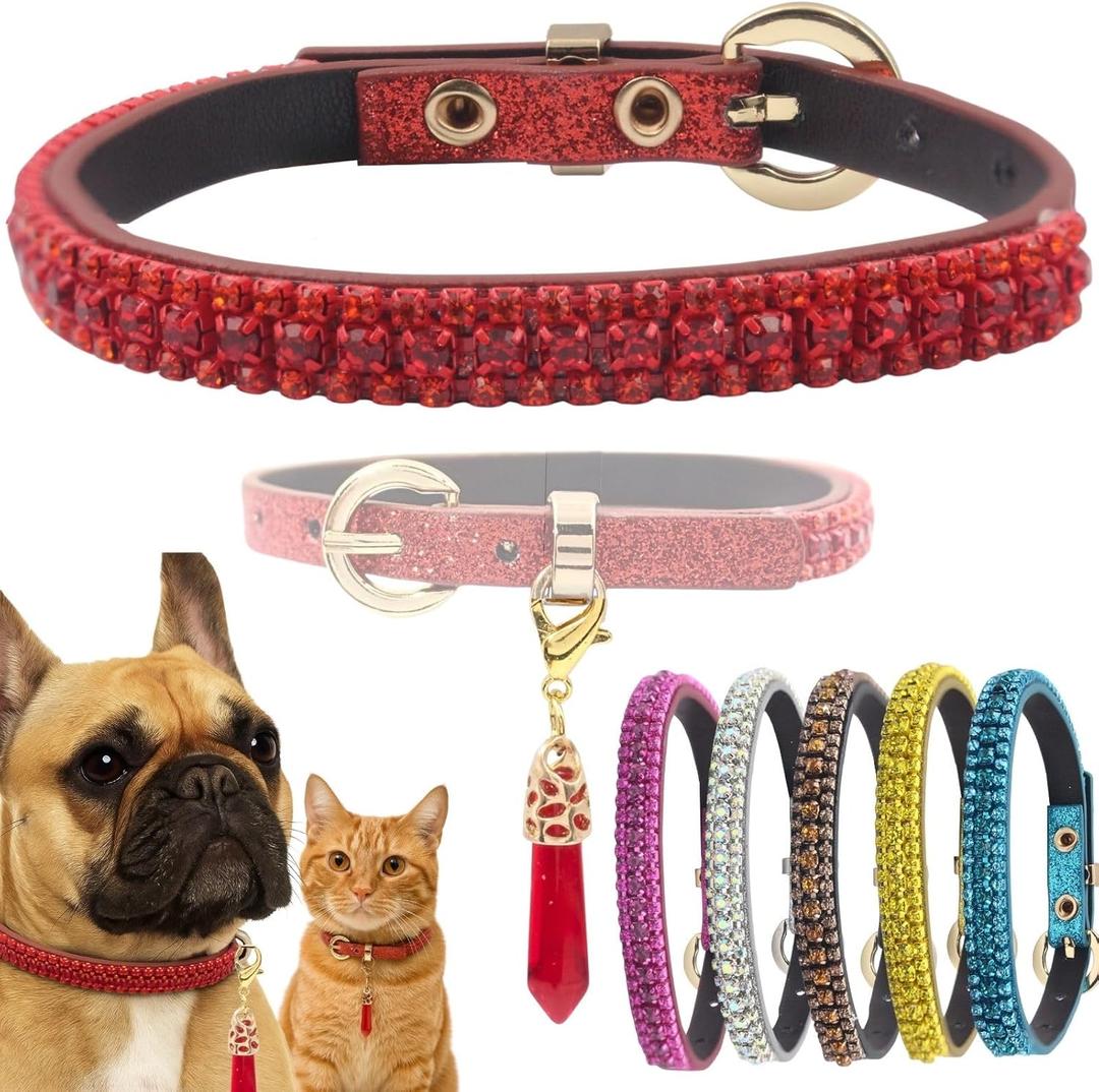 PEARLY JUN Rhinestone Dog Collars for Small Dogs Cat, XS Red Bling Diamond Cat Collar Cute Luxury Crystal Pet Puppy (XS (Neck 7.5-10"))
