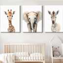 Lhoiplme Nursery Animal Wall Art Safari Baby Wall Decor Boy Room Nursery Canvas Prints Jungle Animal Art Pictures Kids Cute Safari Poster for Girl Bedroom 12x16 Inch Wrapped Canvas Set of 3 (Elephant Giraffe Prints)