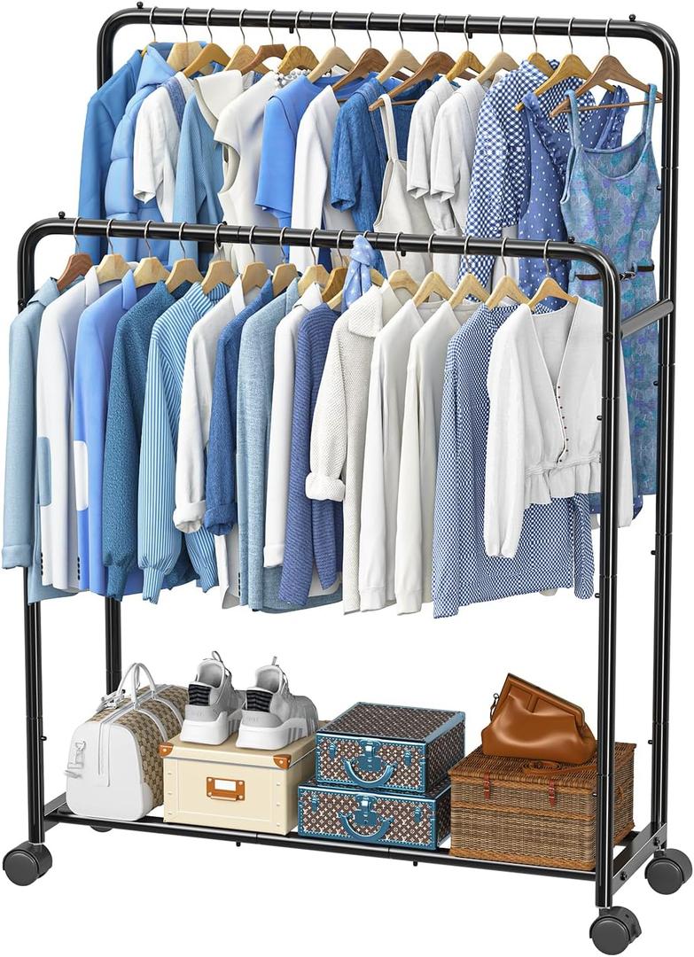 Simple Trending Clothing Clothes Rack Double Rods with Wheels, Rolling Metal Garment Rack for Hanging, Black