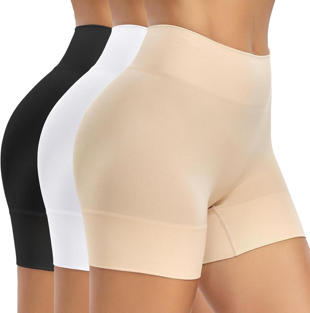 BESTENA 3 Pack Slip Shorts for Under Dress Anti Chafing Shorts Boyshorts Panties for Women (Small, Black+white+nude)