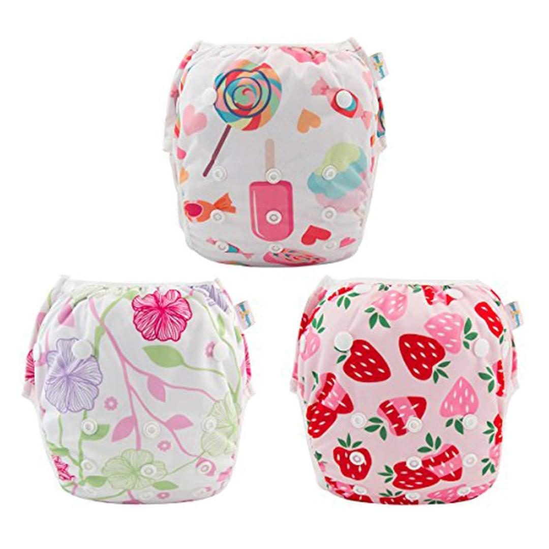 Babygoal Baby Girl and Boy Swim Diapers, Reusable Adjustable Washable One Size Fits 0-8M Baby Gifts and Swimming Lessons 3 Pack 3SD04 (Small, Ice Cream & Morning Glory)