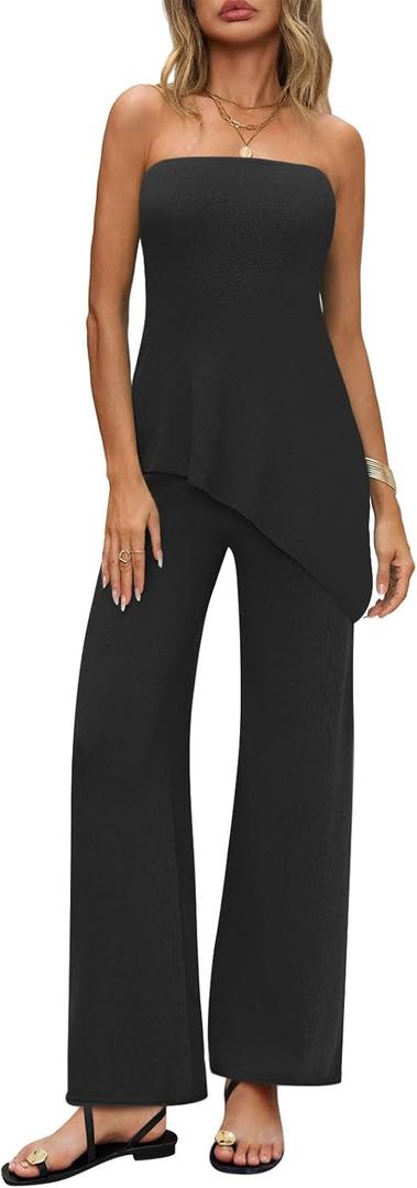 Womens 2 Piece Sets Summer Travel Vacation Outfits 2025 Lounge Matching Sweater Set Knit Tube Tops Wide Leg Pants (X-Large, Black)