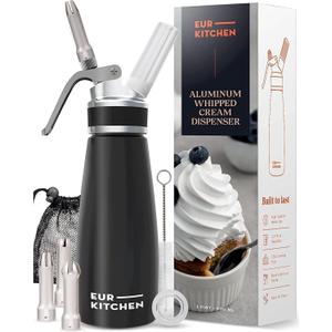 EurKitchen Professional Aluminum Whipped Cream Dispenser - Leak-Free Whip Cream Maker Canister with 3 Decorating Nozzles & Cleaning Brush - 1-Pint / 500 mL - N2O Chargers (Not Included)