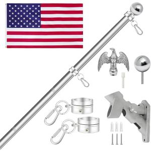 6FT Flag Pole Kit, 1 1/4 Inch (1.25) Large Diameter Stainless Steel Flag Pole for Outside House, Outdoor Flagpole with Holder, Embroidered US Flag (Silver)