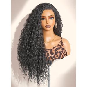 GORGIUS Glueless Deep Ocean Wave Lace Front Wigs Natural Black Long Wig Upgrade with Heat Restistant Synthetic Fiber Pre Cut Pre Plucked Hairline 28Inch