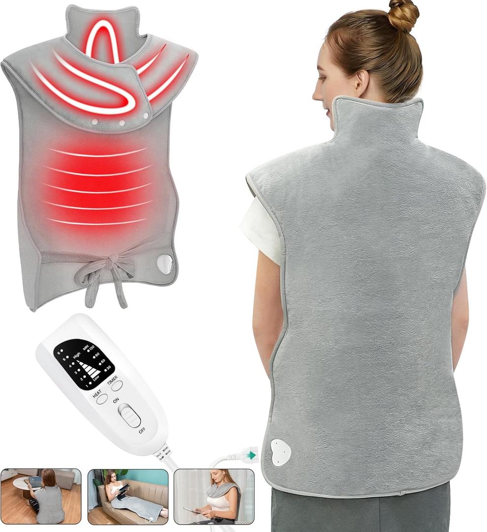 Heating Pad for Back Pain Relief, 22x 37 Large Electric Heat Pad for Neck, Shoulders & Back, 6 Heat Settings & 4 Auto Shut-Off Timers, ETL Certified, Gifts for Women Men Mom Dad (Gray)