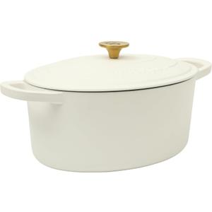 Crock Pot Artisan 7-Quart Oval Dutch Oven With Lid, Enameled Cast Iron, Linen White With Gold Knob, Heavy-Duty Cookware for Baking, Braising, Roasting & Slow Cooking