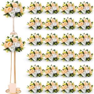 Hotop 24 Pcs Artificial Rose Flower Balls for Centerpieces, Silk Roses Kissing Balls Romantic Faux Floral Arrangements for Engagement Wedding Home Decor (Champagne,White)