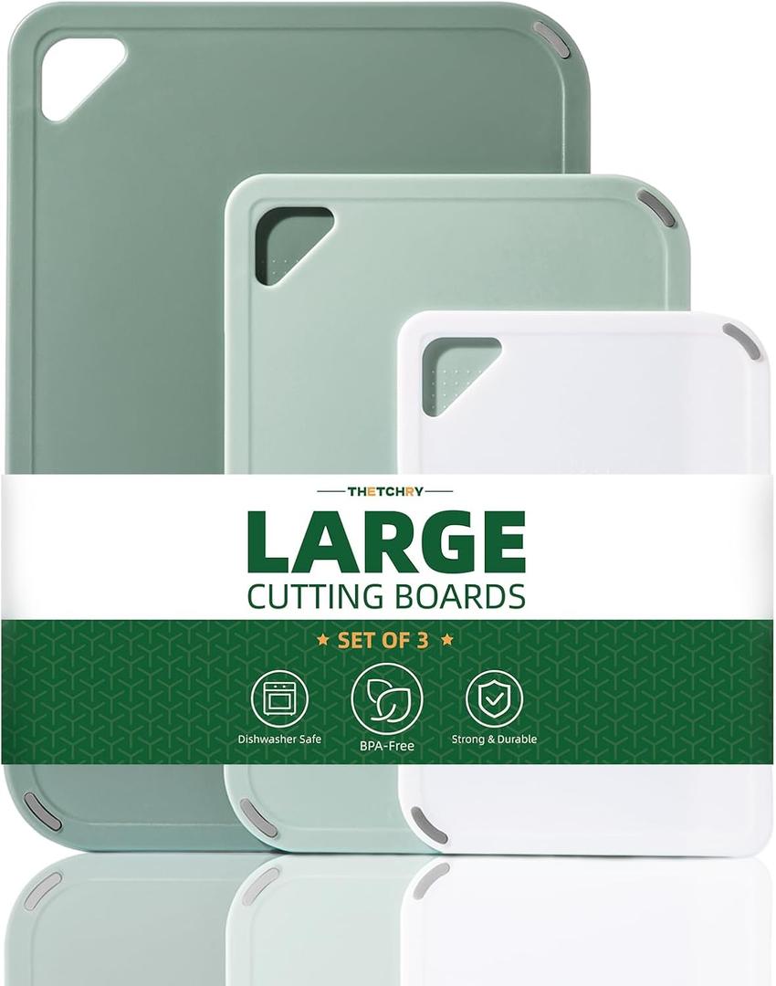 THETCHRY Plastic Cutting Board Set of 3-Cutting Boards for Kitchen BPA Free, Large-Small Chopping Boards Non-Slip for Cooking Camping Dishwasher Safe, Reversible, with Grip Handle, 15"10"0.25" Green