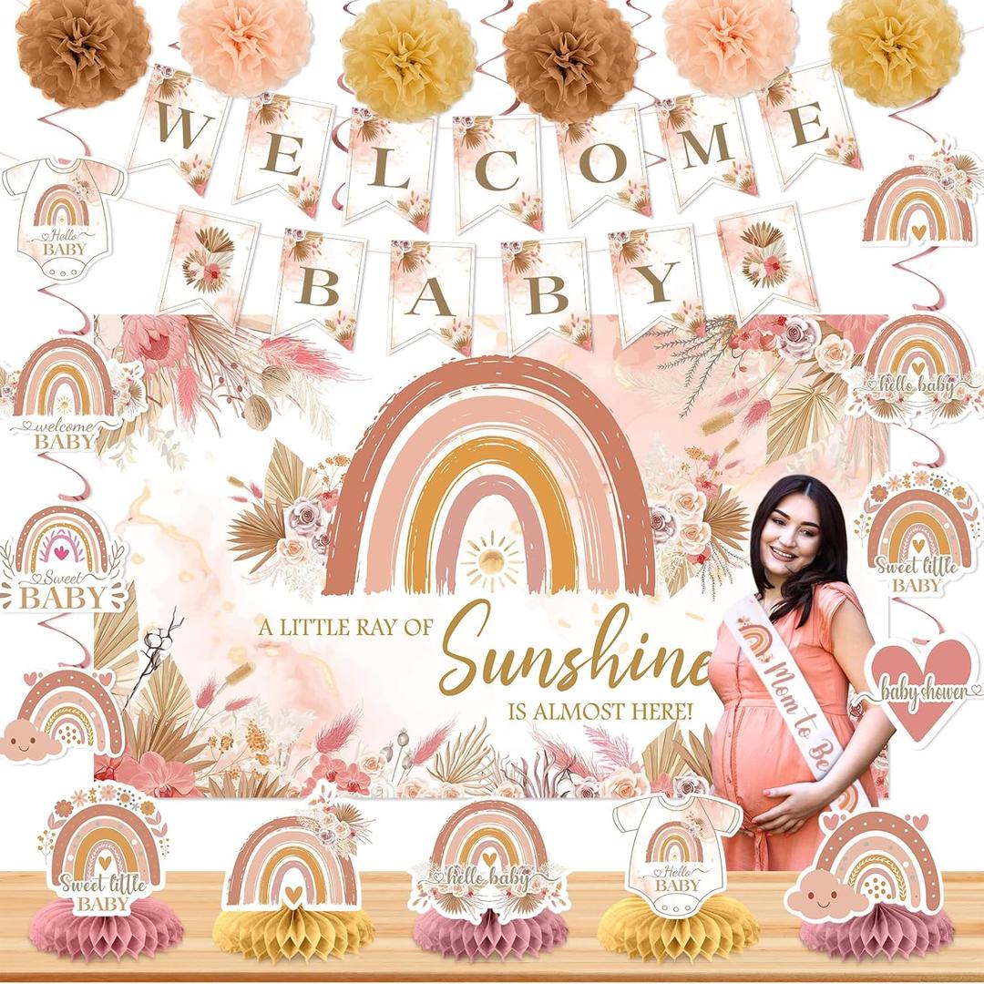 Pink Boho Baby Shower Decorations for Girl A Little Ray of Sunshine is Almost Here Boho Rainbow Welcome Baby Banner Backdrop Honeycomb Centerpiece Hanging Swirl Paper Pompoms Mom to Be Sash