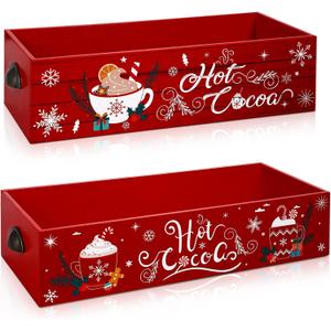 Soaoo 2 Pcs Christmas Hot Cocoa Bar Wood Storage Box for Hot Cocoa Decorative Christmas Storage Bins Vintage Open Holder Box Xmas Colorful Organizer Bins for Home Kitchen Office Farmhouse Gift(Red)