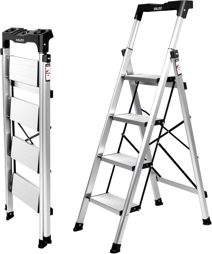 Valeo Aluminium 4 Step Ladder with Retractable Handgrip,Anti-Slip Pedal,330 lbs Capacity,Folding Step Stool for Kitchen, Garage, Home, Space Saving, Sturdy and Portable, Silver