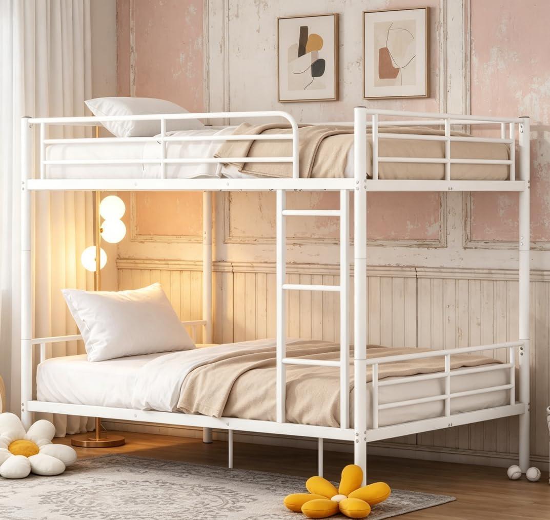 Bellemave Full Over Full Bunk Bed, Heavy Duty Metal Bunk Bed Frame with Ladder and Guardrail for Kids, Adults, Can be Split into 2 beds, White